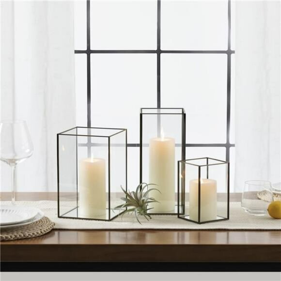 Square Glass Hurricane Candle Holders Set of 3 Vintage Brass Frame Home Centerpi - Picture 1 of 7